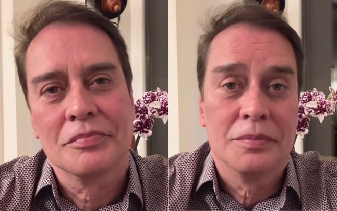 Dois frames de Marcello Antony em vídeo do Instagram; ele aparece de camisa pontilhada vinho e branca e uma orquídea rosa ao fundo