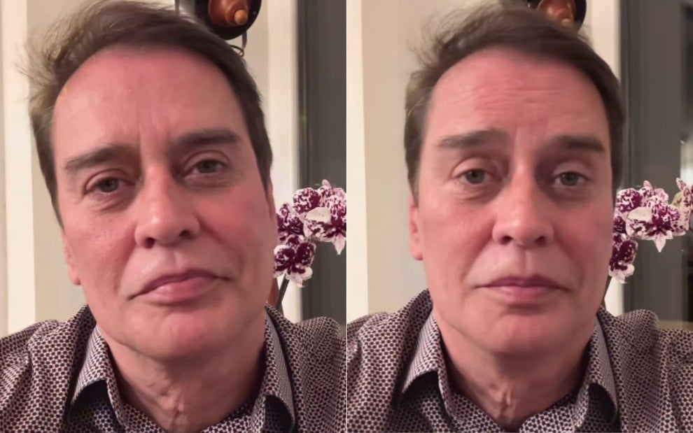 Dois frames de Marcello Antony em vídeo do Instagram; ele aparece de camisa pontilhada vinho e branca e uma orquídea rosa ao fundo