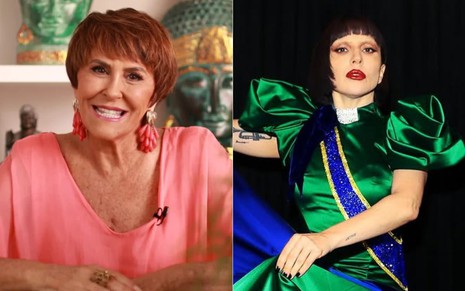 Montagem com foto de Márcia Sensitiva sorridente e Lady Gaga no show em Copacabana
