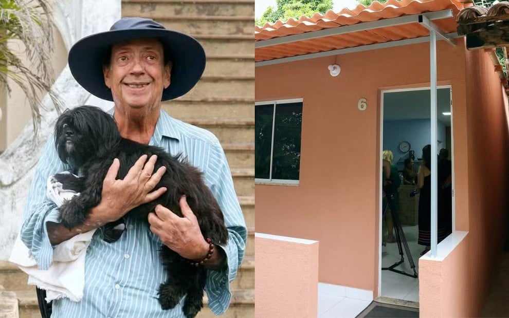 Na montagem: Marcos Oliveira segura um cachorro no colo (à esquerda); casa em construção no Retiro dos Artistas (à direita)