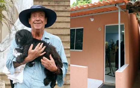 Na montagem: Marcos Oliveira segura um cachorro no colo (à esquerda); casa em construção no Retiro dos Artistas (à direita)