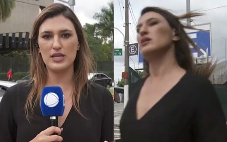 Montagem com Marina Caixeta falando no microfone da Record e correndo