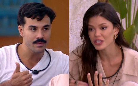 Montagem com uma foto de Mateus Pires e outra de Vitória Strada durante DR no BBB