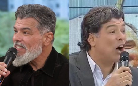 homem grisalho em dois momentos diferentes, em programas de auditório; à esquerda, mais velho, ele participa de programa na Globo; à direita, ele fala na Record, há 13 anos aytrás