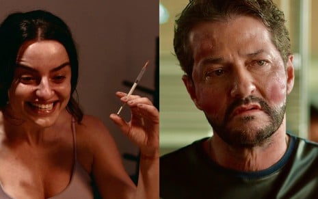 Montagem com Julia Stocker e Marcelo Serrado em cenas da novela Beleza Fatal