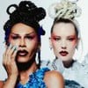 Maxi Weber e Gianne Albertoni em fundo branco, com maquiagens artísticas fortes, em ensaio editorial
