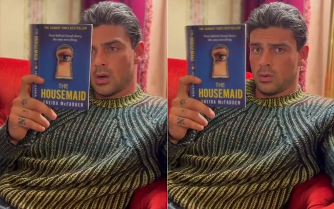 Montagem com duas imagens de Michele Morrone lendo o livro A Empregada