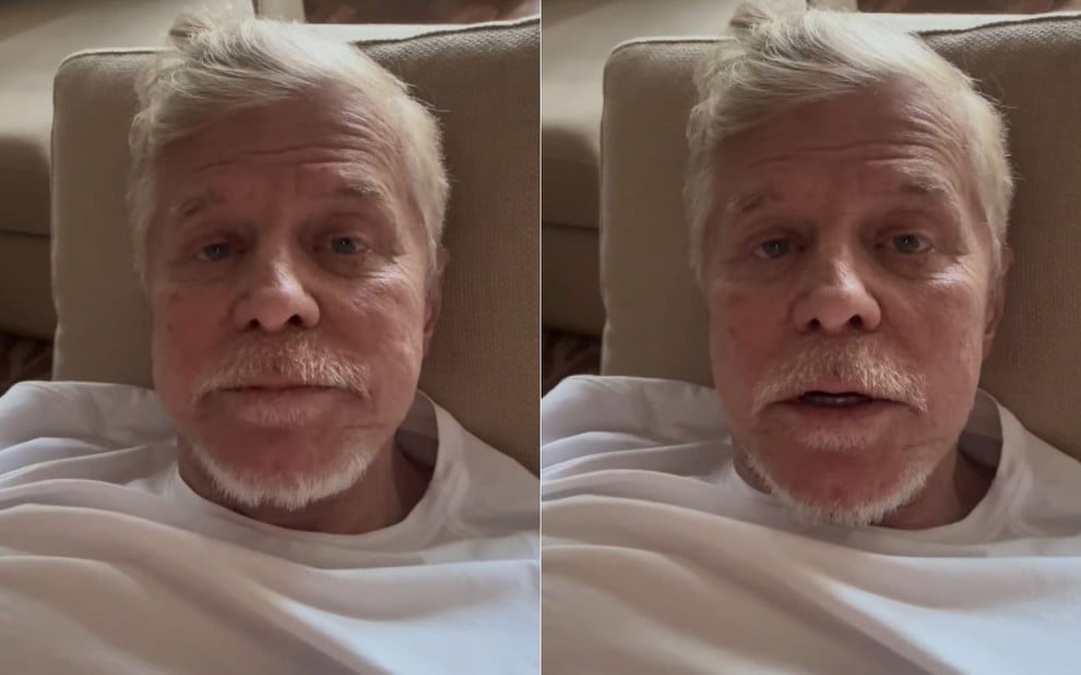 Montagem com dois frames de Miguel Falabella em vídeo do Instagram, deitado em um sofá