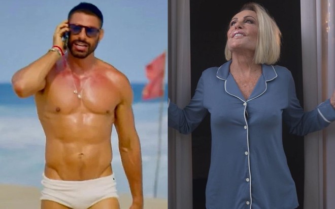 Montagem com Cauã Reymond de sunga branca na praia e Ana Maria Braga olhando para cima
