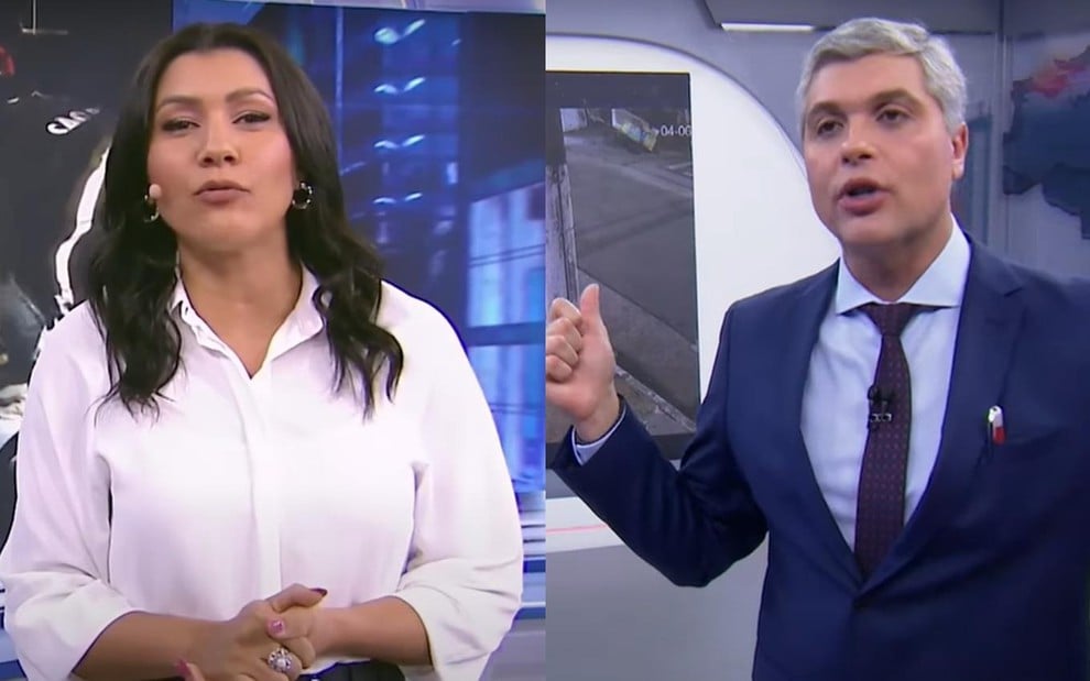 Montagem com Dani Brandi à frente do Tá na Hora à esquerda e Joel Datena no Brasil Urgente à direita
