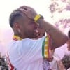 Montagem com uma foto de Neymar, aos prantos, e com um panorama do chá de bebê de sua filha caçula