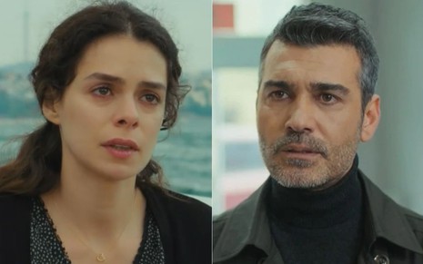 Montagem com Bahar (Özge Özpirinçci) e Sarp (Caner Cindoruk) em cenas da novela Força de Mulher