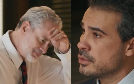 Montagem mostra frames de uma cena de Quem Ama Cuida com Ademir (Dan Stulbach) e Luan (Bruno de Mello)