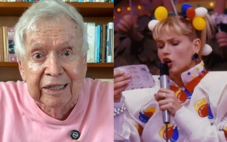 Montagem mostra o rosto de Boni e, ao lado, Xuxa lendo uma carta nos anos 1980