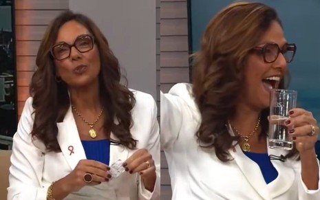 Frames mostram momento em que a jornalista Cristina Ranzolin toma o comprimido ao vivo