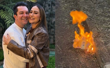Montagem mostra uma foto de Regis Danese e Kelly abraçados e, ao lado, o Labubu que ela incendiou
