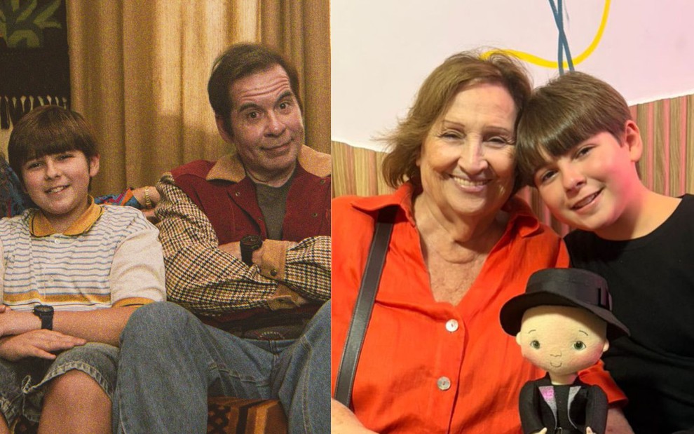 Montagem com as fotos de Gabriel Gentil com Leandro Hassum e Déa Lúcia Amaral