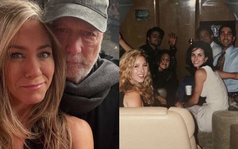 Montagem com uma foto de Jennifer Aniston com o diretor James Burrows  e, ao lado, registro do elenco de Friends