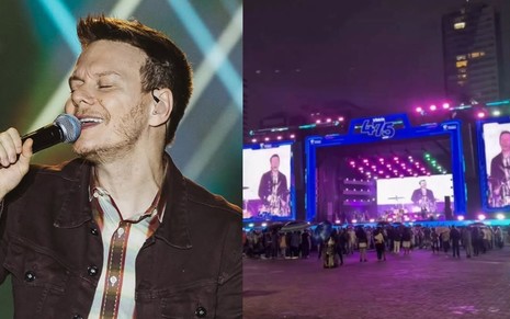 Montagem mostra o cantor Michel Teló no show em Vitória e, ao lado, registro da plateia vazia