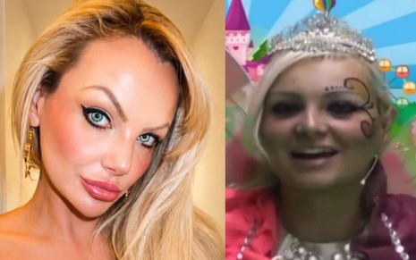 Montagem mostra a Mulher Pera atualmente e, ao lado, imagem do programa A Fadinha do Brasil