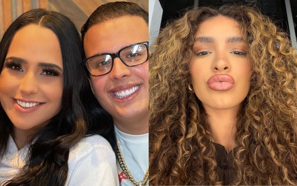 Montagem mostra uma foto do ex-casal Perlla e Patrick Abrahão e, ao lado, imagem da cantora Bianca