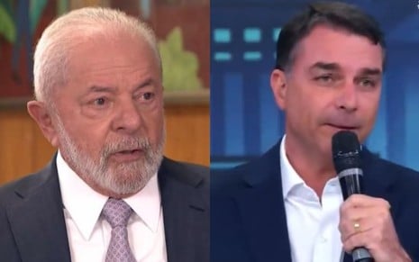Montagem mostra os rostos de Lula e Flávio Bolsonaro