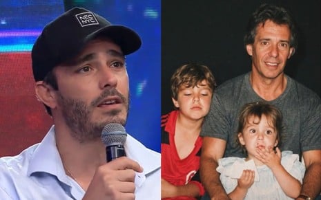 Montagem mostra Thiago Rodrigues atualmente e, ao lado, imagem da infância do ator