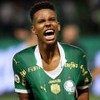 Estêvão, do Palmeiras, comemora gol e veste uniforme verde com detalhes brancos e dourados