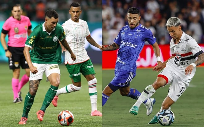 A imagem está dividida em duas partes. À esquerda, jogadores do Palmeiras (verde) e do Fluminense (branco) disputam a bola em um campo de futebol. À direita, jogadores do Cruzeiro (azul) e do São Paulo (branco com faixa preta e vermelha) também disputam