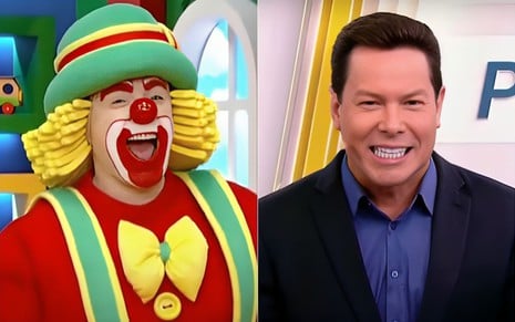 Montagem com Patatá no cenário do Bom Dia & Cia e Marcão do Povo no cenário do Primeiro Impacto; ambos estão sorridentes