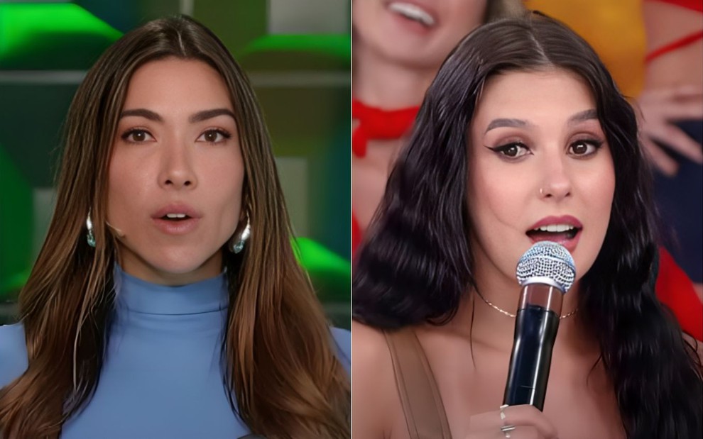 Montagem com Patrícia Abravanel no cenário do Show do Milhão, usando vestido azul, e Ana Castela no Qual É a Música? do Programa Silvio Santos; ambas com expressões surpresas