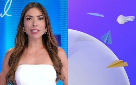 Montagem de Patricia Abravanel com expressão séria e a vinheta do SBT com aviãozinho e microfone, simulando vinheta do plantão da Globo