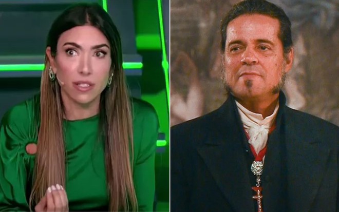Montagem com Patricia Abravanel à esquerda no Show do Milhão e Felipe Camargo como Bonifácio em Novo Mundo à direita