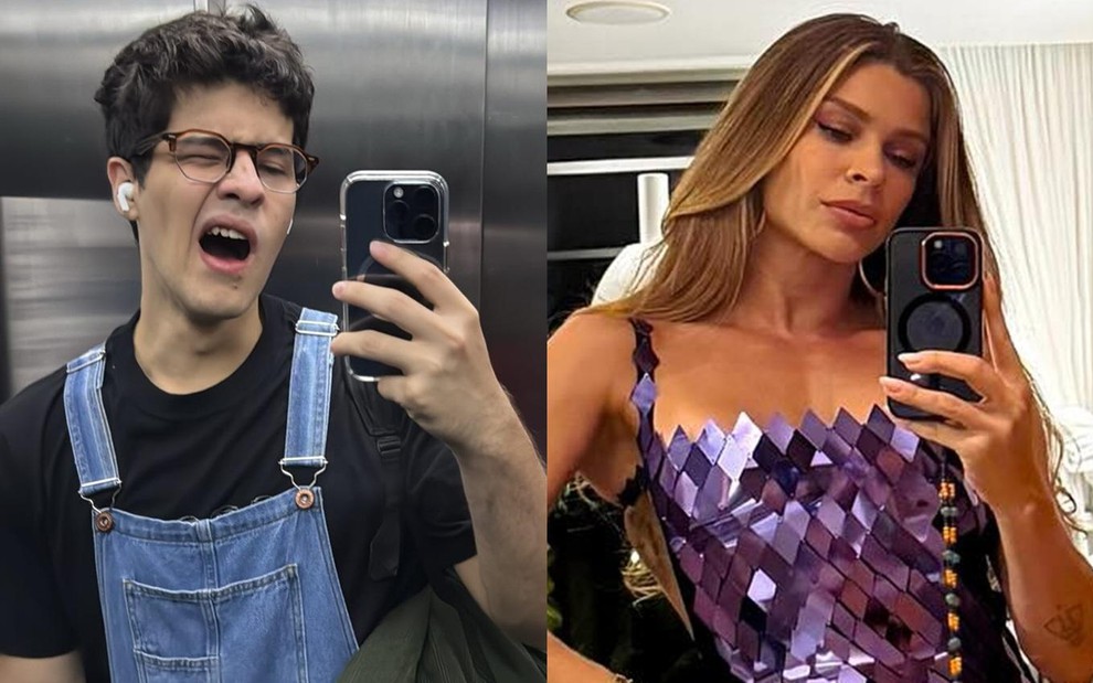 Montagem com Paulo Mendes e Grazi Massafera tirando foto no espelho