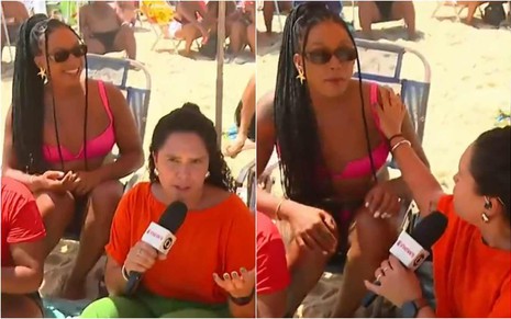 Foto mostra repórter Priscilla Moraes durante entrevista na praia