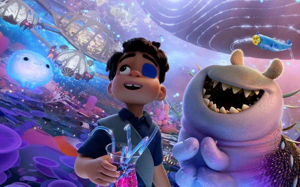 Um menino com um tapa-olho tem uma expressão de espanto em um cenário espacial, com uma lesma feliz ao seu lado