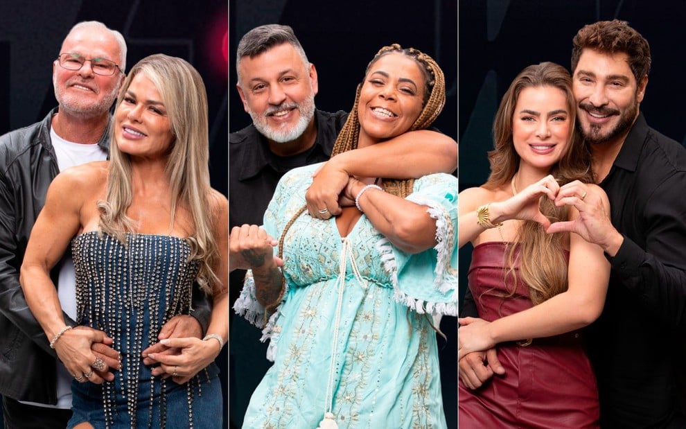 Montagem de fotos promocionais de Kadu e Cris, Silvia e André, Victor e Rayanne no Power Couple Brasil