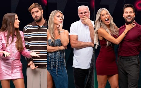 Montagem de fotos promocionais de Eike e Natália, Kadu e Cris, e Rafael e Talira no Power Couple
