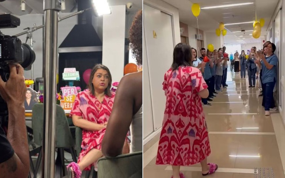 montagem com Preta Gil dando entrevista à esquerda e andando no corredor de um hospital à direita