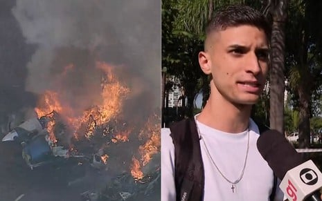 Montagem com foto do avião em chamas à esquerda e um jovem chamado João, que testemunhou a queda, à direita