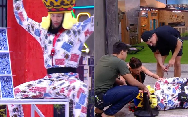 Montagem com Diego Hypolito com os braços para cima enquanto cai; na segunda imagem Guilherme, Vitória e Vinícius estão em volta de Diego caído no chão