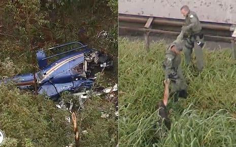 Montagem com destroços de helicóptero e de dois policiais puxando um homem no meio da mata