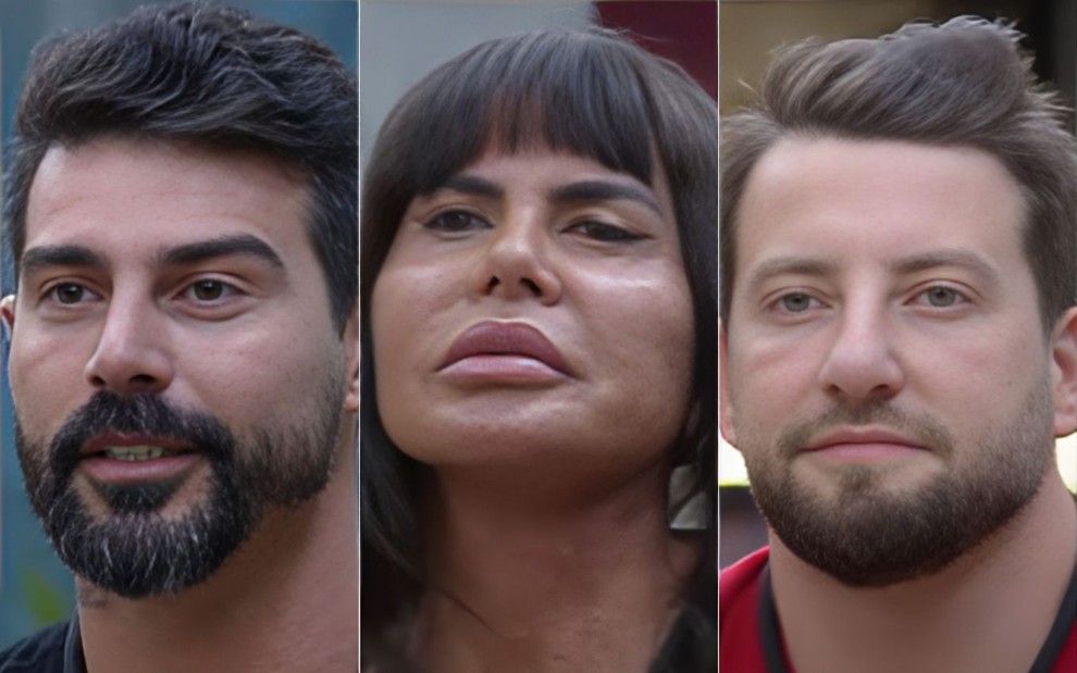 Montagem com Radamés, Gretchen e Eros sentados nos banquinhos da D.R. do Power Couple