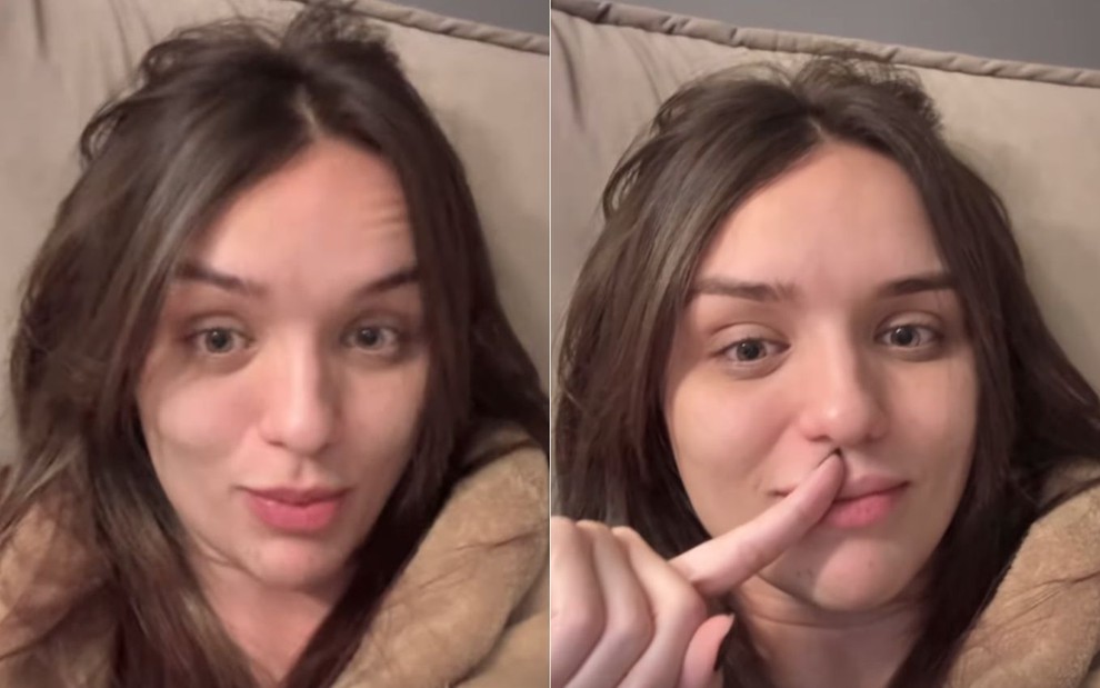 Montagem com dois frames de vídeo publicado por Rafa Kalimann no Instagram, onde ela aparece deitada no sofá