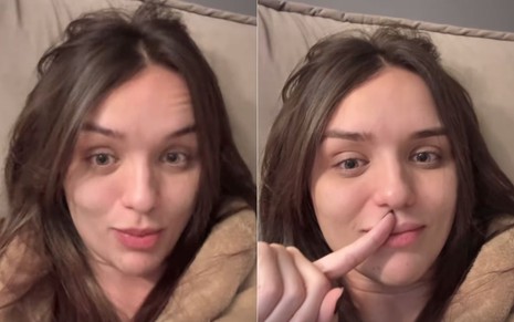 Montagem com dois frames de vídeo publicado por Rafa Kalimann no Instagram, onde ela aparece deitada no sofá