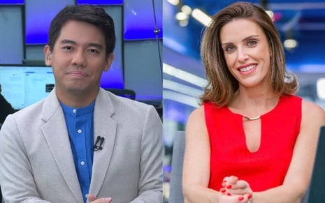 Na montagem estão: Rafael Ihara (à esquerda) e Paula Monteiro (à direita), na bancada do telejornal Agora