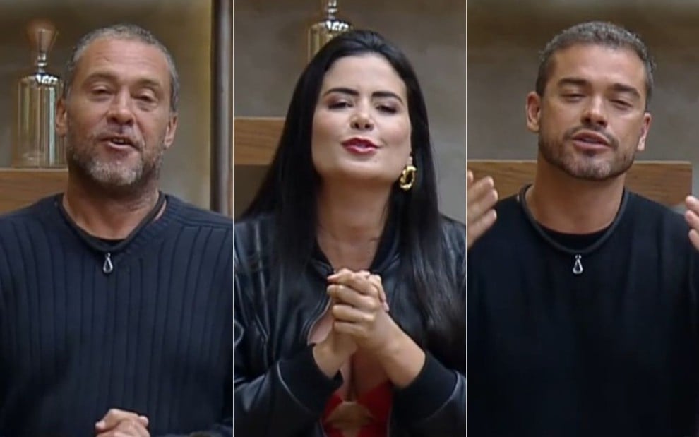 Montagem com fotos de Juninho Bill, Vanessa Carvalho e Sidney Sampaio pedindo votos em A Fazenda