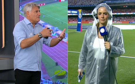 Montagem com fotos de Cléber Machado no estúdio da Record e da repórter Paloma Tocci no Morumbis