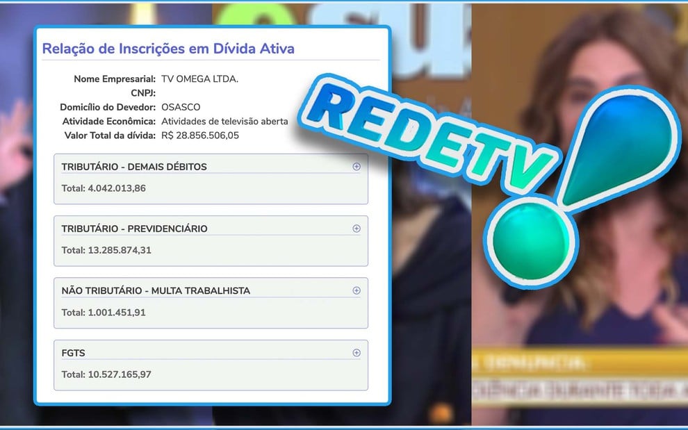 Extrato da Dívida Ativa da RedeTV! em 26 de junho em fotomontagem com logotipo da emissora e imagem desfocada de Luciana Gimenez