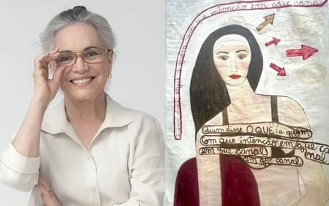 Na montagem: Regina Duarte sorri, com as mãos nos óculos (à esquerda); e obra de arte de uma mulher (à direita)